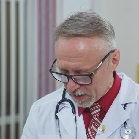 happy satisfied mature doctor is working with patient via phone. looking at phone in modern clinic office. closeup