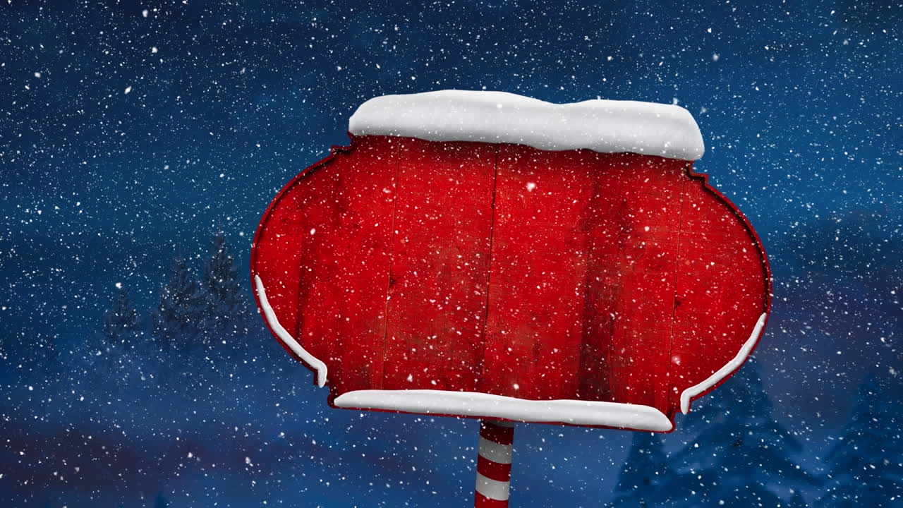Animation of snow falling over wooden sign with copy space