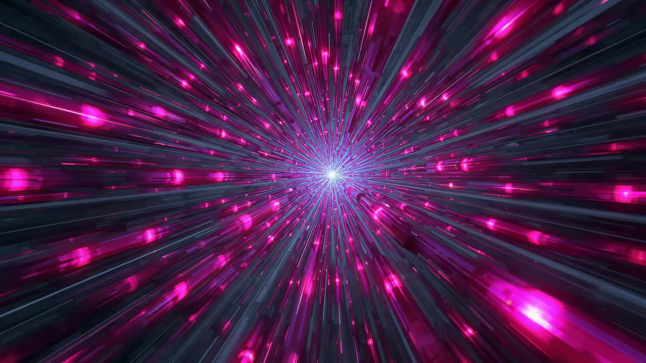 Camera accelerating radial tunnel moving toward central white-blue light, magenta dots racing right