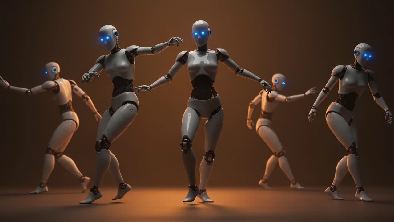 Futuristic Robots Dancing in Synchronization with Glowing Blue Eyes Amidst a Warm Glow, Showcasing Movement and Modern Technology in a Captivating Performance