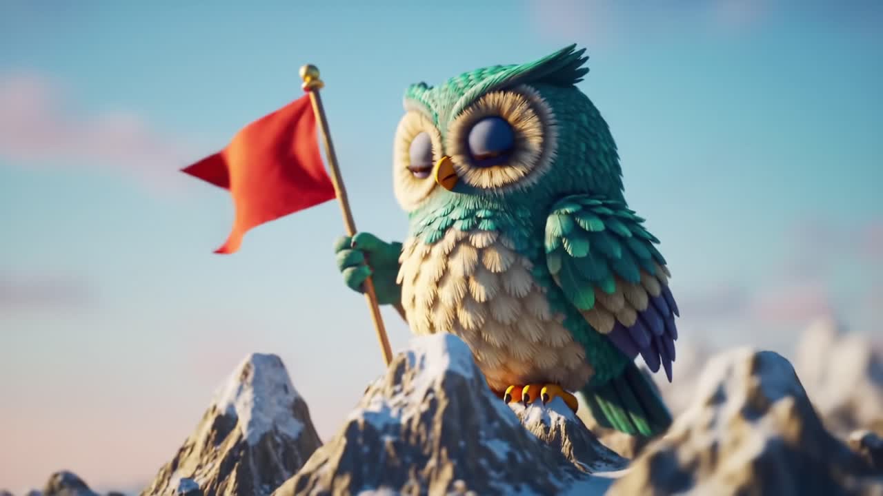 A Colorful Owl Standing Proudly on a Mountain Peak, Holding a Red Flag in Its Claws Against a Stunning Sky Background