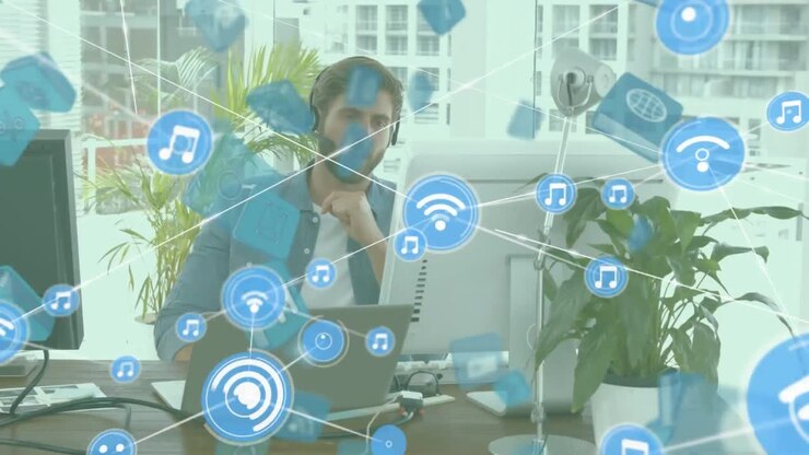 Animation of connected icons, computer icons, caucasian man wearing headphones talking on videocall
