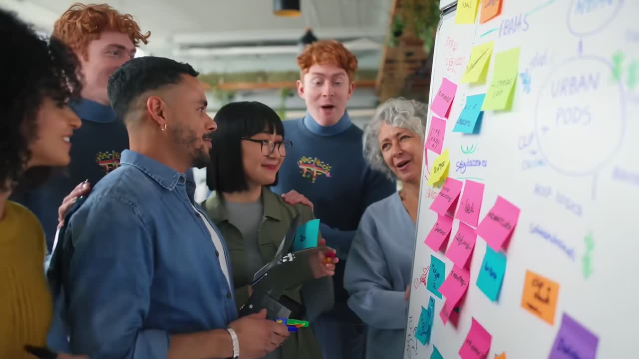 Videooptagelse af en gruppe, der brainstormer med post-its på en whiteboardtavle, filmet fra en sidevinkel.
