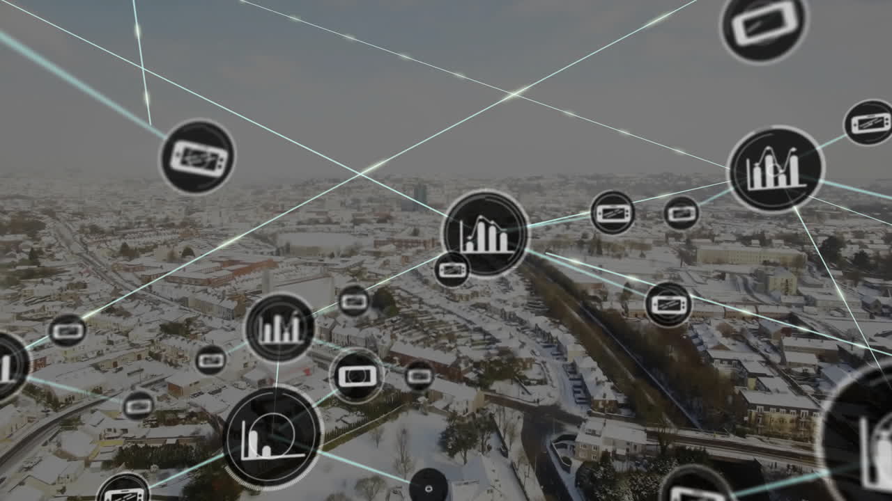 red de conexiones y animación de procesamiento de datos sobre el paisaje urbano nevado