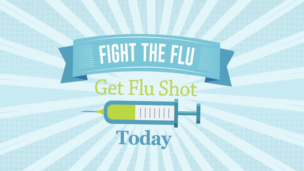 파란색 방사선 배경에 주사기 아이콘이 있는 독감 백신 접종 텍스트 배너