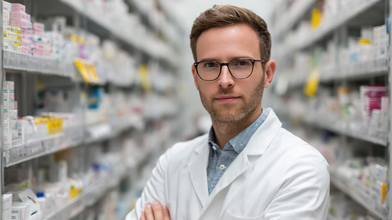 A Pharmacist in a Pharmacy: Professional Standing Confidently Among a Variety of Medications and Supplies in a Well-Organized Environment