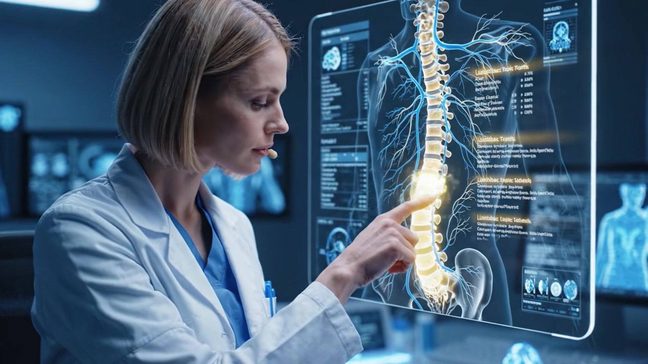 A Medical Professional Analyzes Advanced 3D Visualization of the Human Spine, Highlighting Spinal Structure and Nervous System Functions in a High-Tech Environment