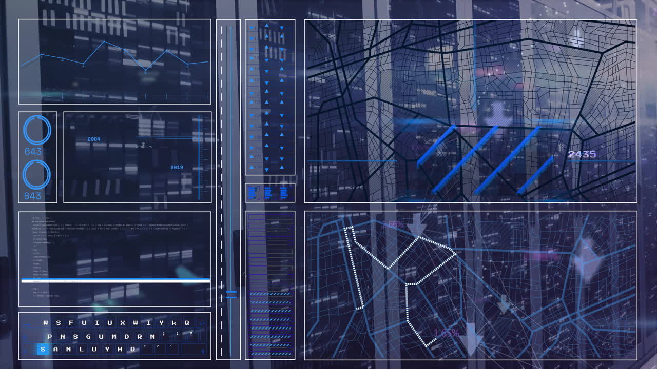 animazione dell'elaborazione dei dati e frecce sulla sala server.