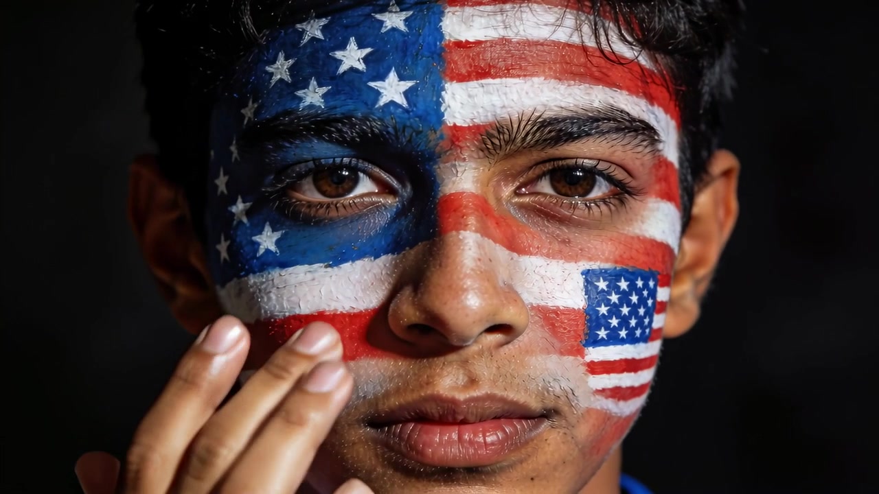 Adolescente maschio, con gli occhi chiusi, che leviga la pittura facciale a forma di bandiera americana con la mano destra e il motivo sulla guancia destra.