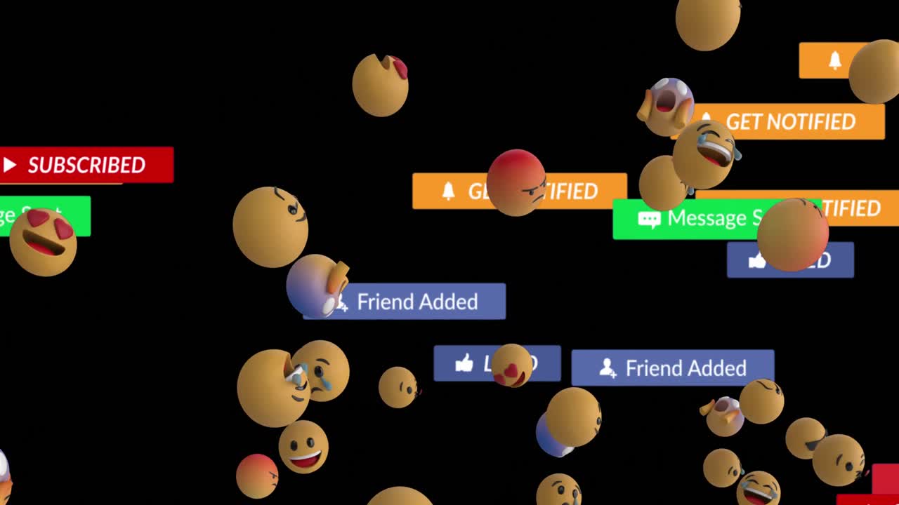 검은색 배경 위에 이모티콘이 있는 배너에 있는 소셜 미디어 텍스트의 애니메이션
