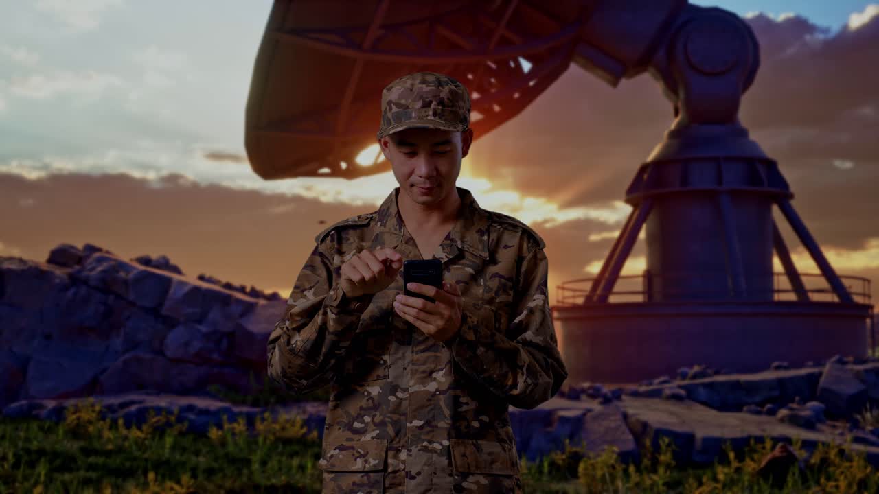 Asian Man Soldier Using Smartphone While Standing With Satellite Dish