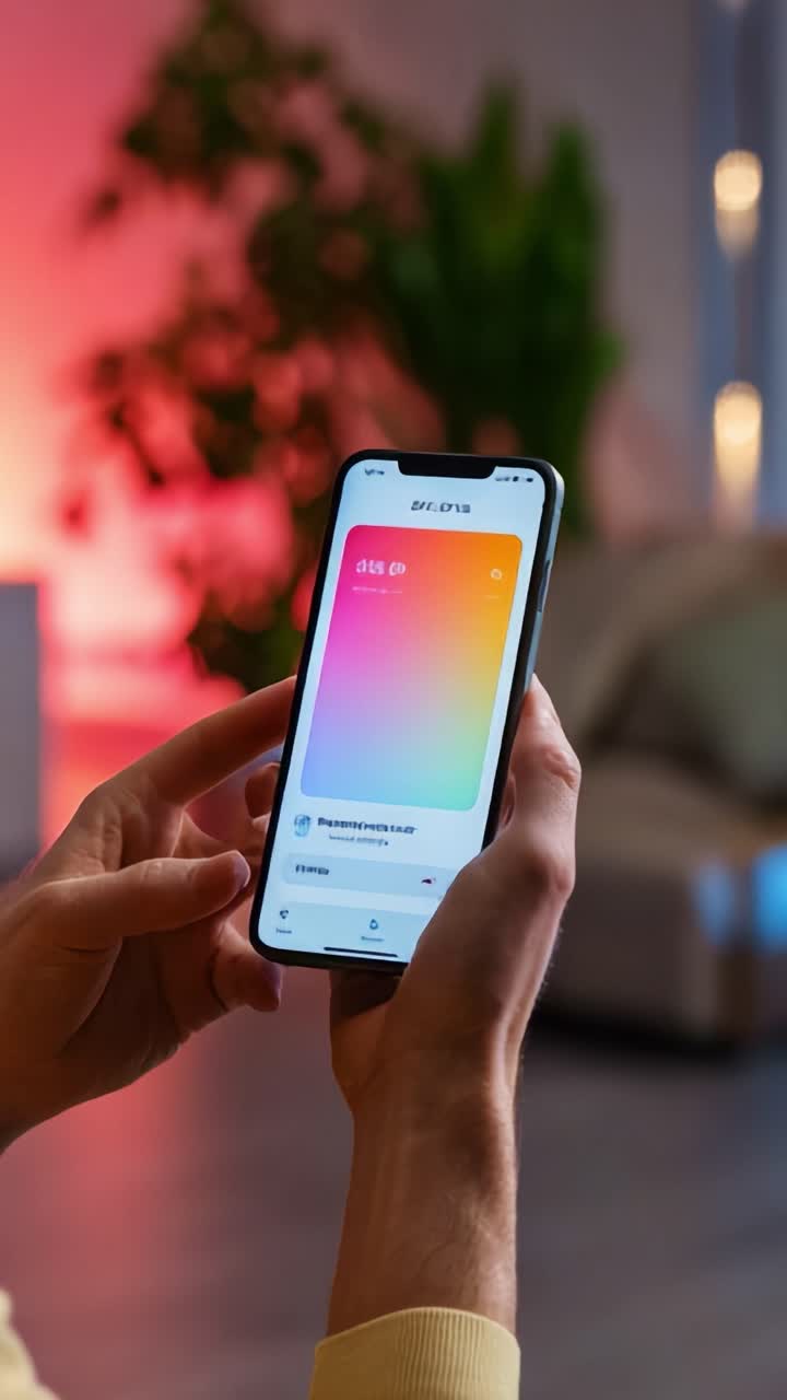A modern smartphone displaying a vibrant app interface, showcasing a gradient design on its screen, held by a user in a cozy, well-lit indoor setting with soft background lighting