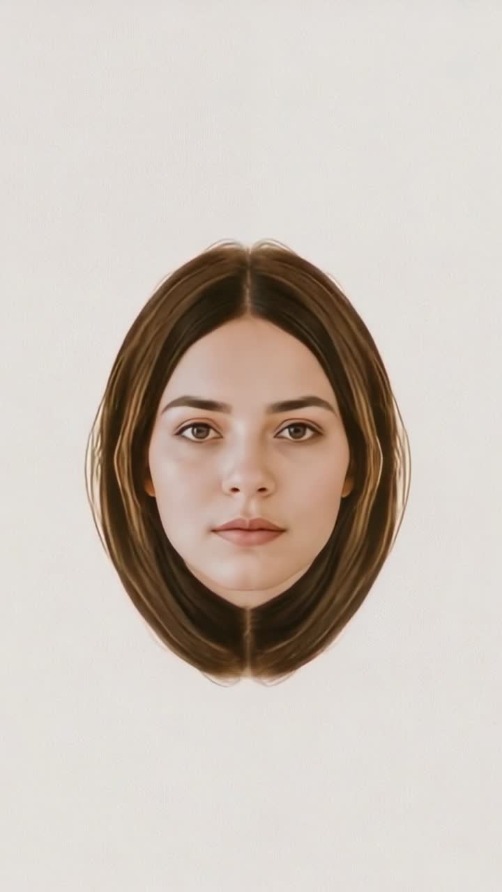 Vídeo vertical: quadros mostrando o rosto de uma mulher em close-up em um plano de fundo creme, espelhando o cabelo e focando nos olhos