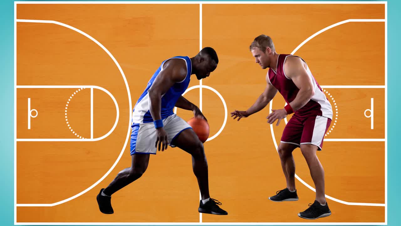 Animazione di cestisti con pallone su sfondo di campo da basket