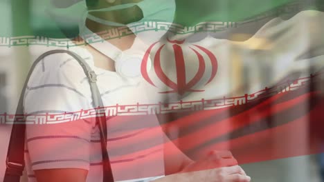 Animation-of-flag-of-iran-waving-over-man-wearing-face-mask-during-covid-19-pandemic