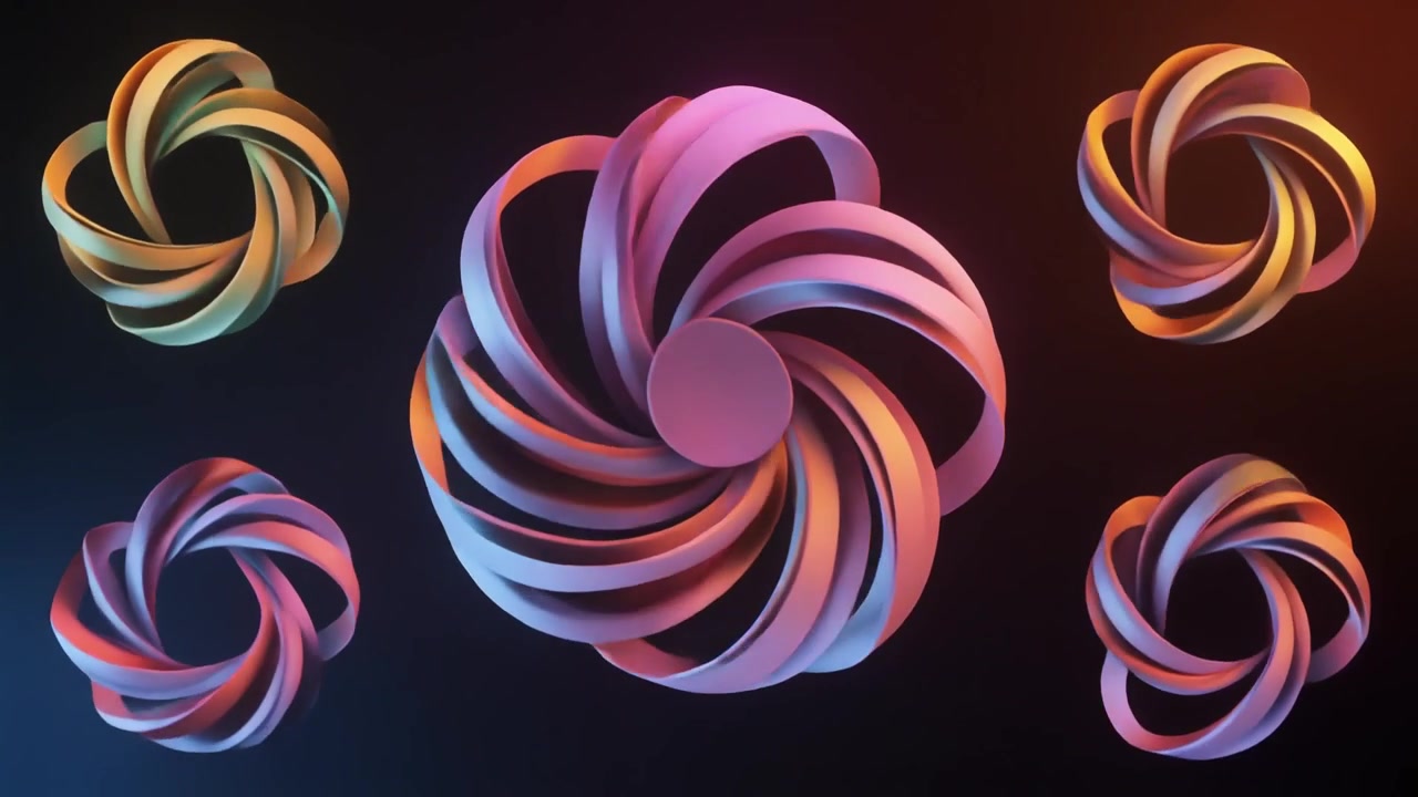 Abstracte 3D roterende geometrische bloemvormen op een donkere achtergrond