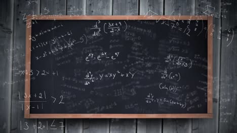 mathematical equations moving against black board on wooden background