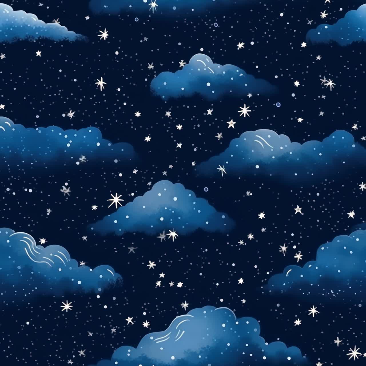 A whimsical night sky pattern with clouds and stars, viewed from a top-down angle, perfect