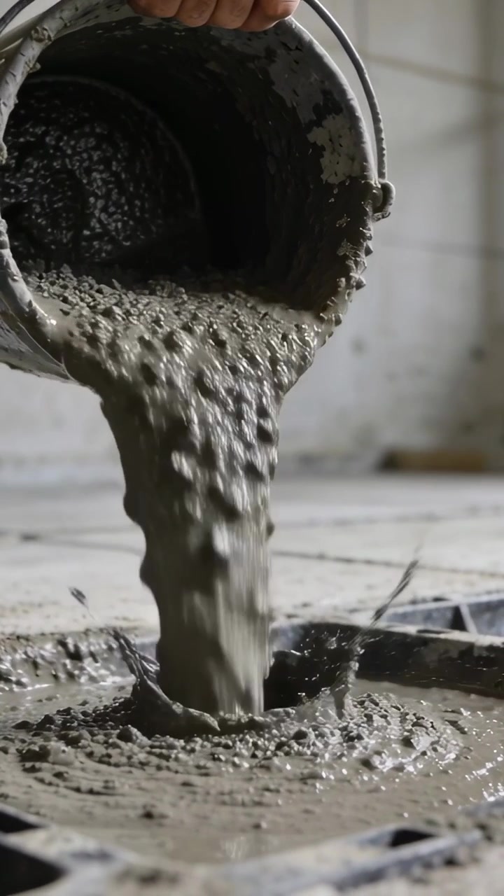 Video verticale: Braccio nudo che inclina un secchio, versando cemento in uno stampo su un pavimento piastrellato, riempiendo.