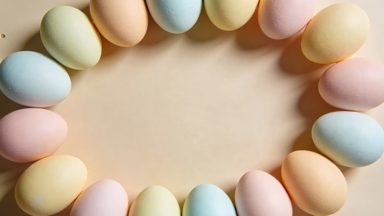 Rotating egg wreath clockwise after shift revealing lower cluster on peach paper with speck