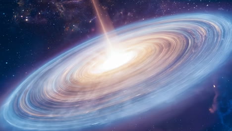 spiral galaxy with bright core and jet of energy in deep space