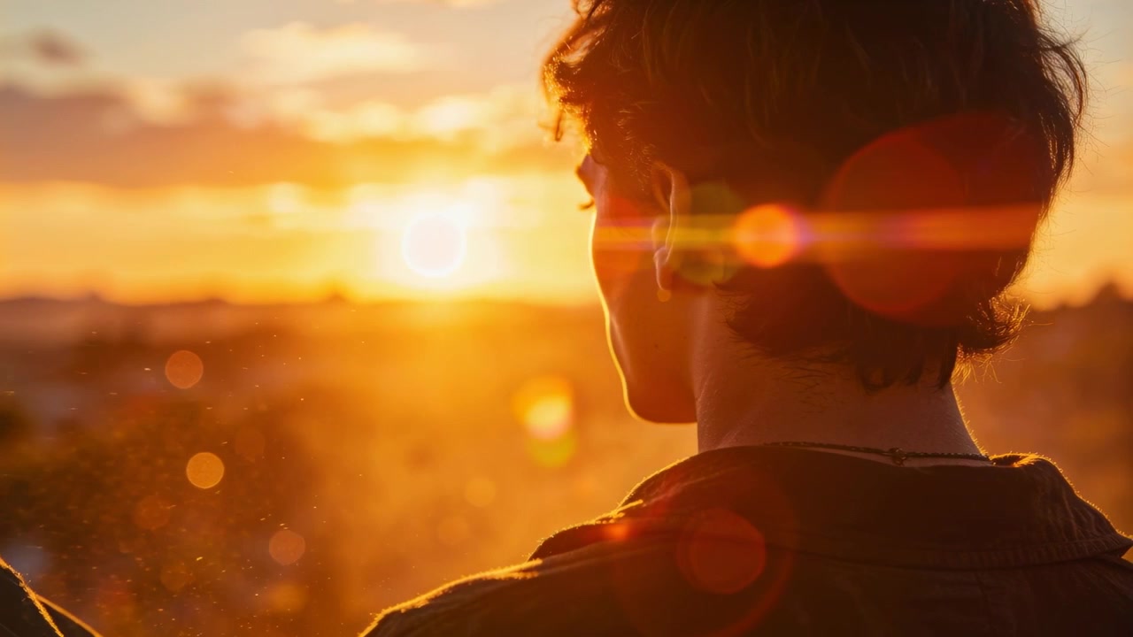 Adolescente che gira la testa verso il sole che tramonta sulla collina, con giacca, collana, bagliori e polvere.