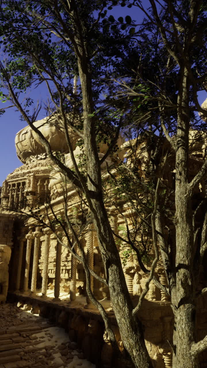 Ancient architectural ruins in a mystical landscape during sunset