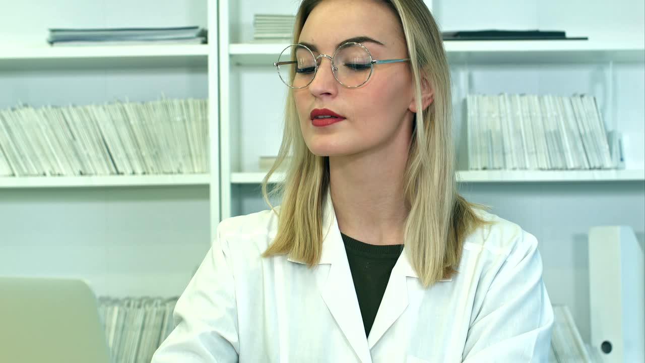 Atrakcyjna lekarka w okularach pracująca na laptopie, siedząca przy biurku recepcji.