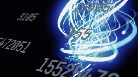 animación de números cambiantes digitales y rayas de luz iluminadas sobre fondo negro, espacio de copia