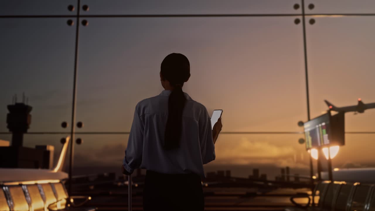 vista trasera de una mujer asiática con una maleta rodante en la sala de embarque del aeropuerto, usando un teléfono inteligente, caminando y mirando a su alrededor, el avión despega fuera de la ventana