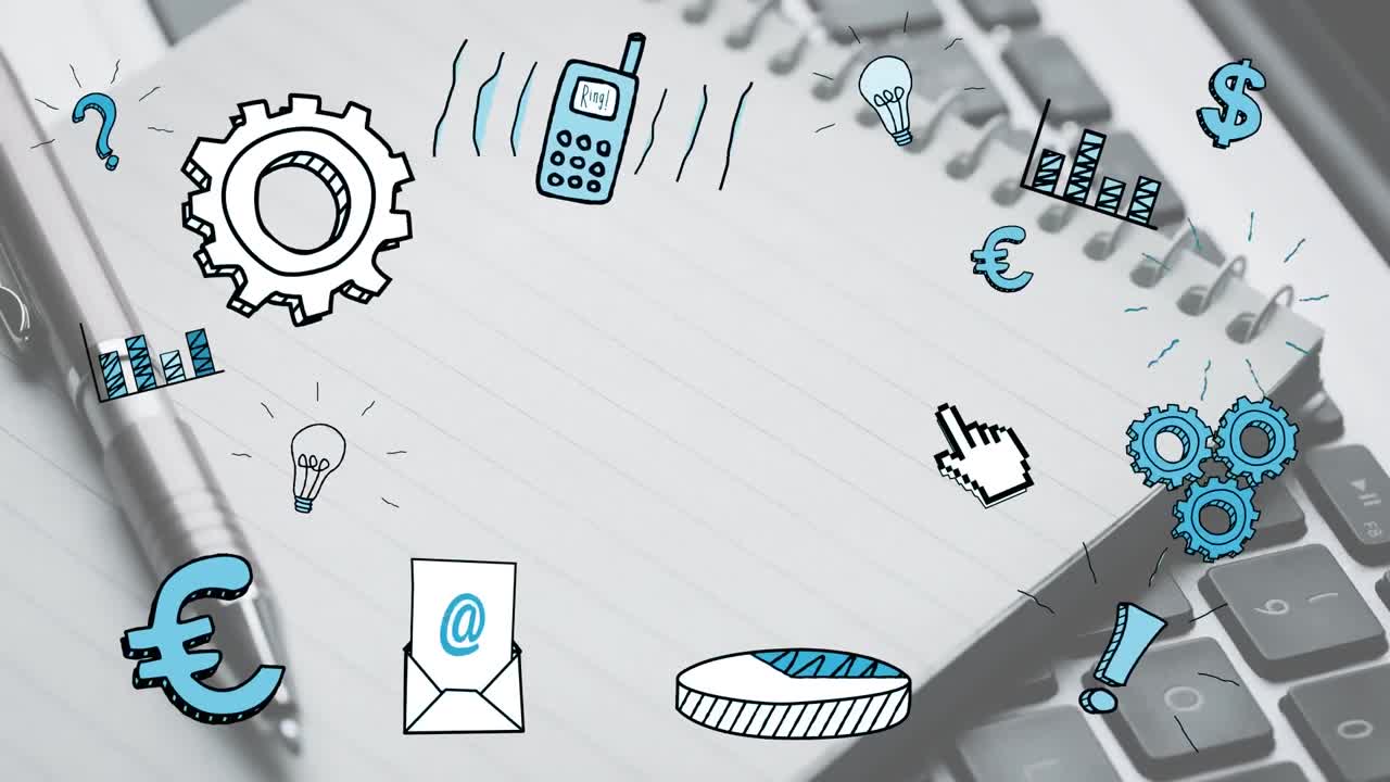 노트북, 펜, 키보드 위에 있는 사무실 물건의 다채로운 아이콘