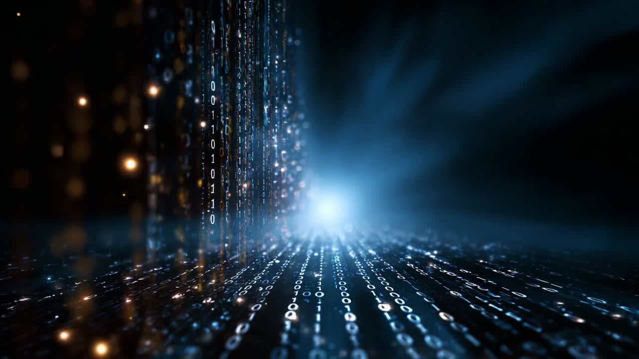 A captivating journey through a digital landscape, where streams of binary code cascade like waterfalls of light, creating an immersive experience that bridges the realms of technology and imagination