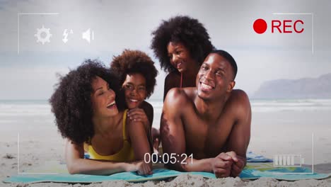 Animation-of-frame-over-happy-african-american-family-at-beach