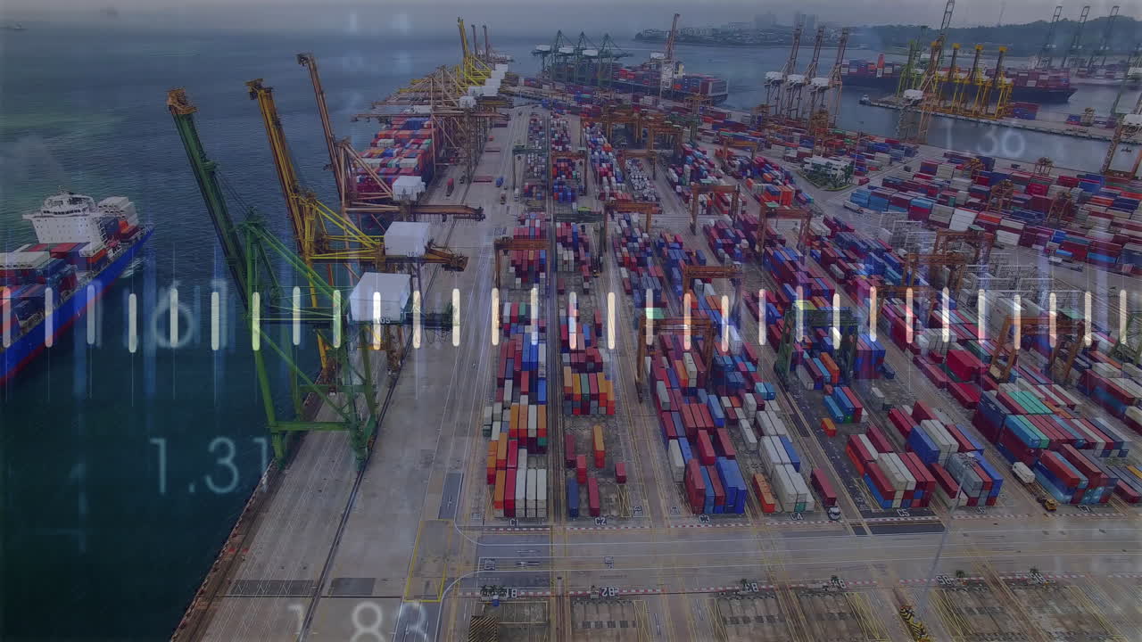Animation of statistics processing with lines over shipping yard in background