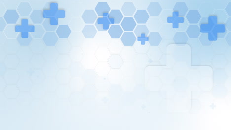 screensaver with space for text. blue medical crosses with grid of hexagons on white background. looped animation.