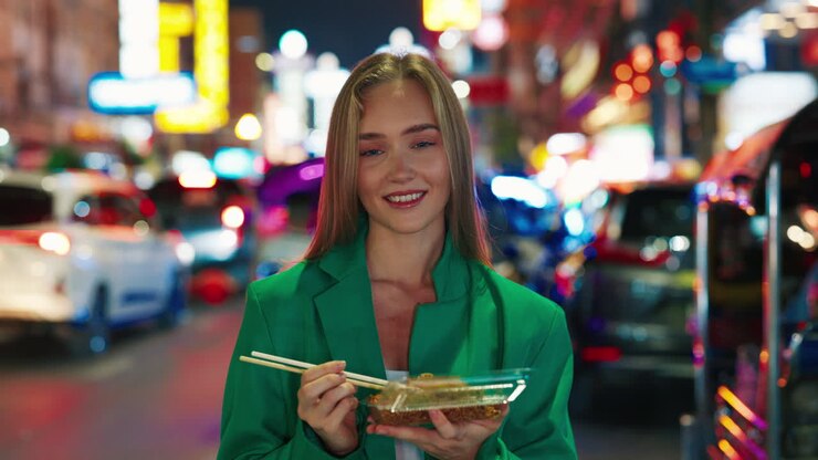 Woman Eating Street Food in a Night Market