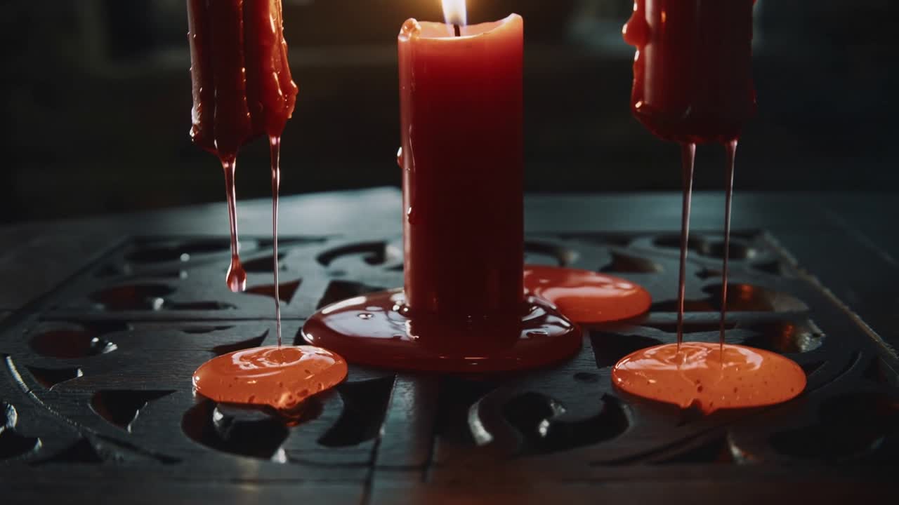 Fiamma ardente che scioglie la cera di tre candele rosse che gocciola su un piano di metallo decorato, formando pozze