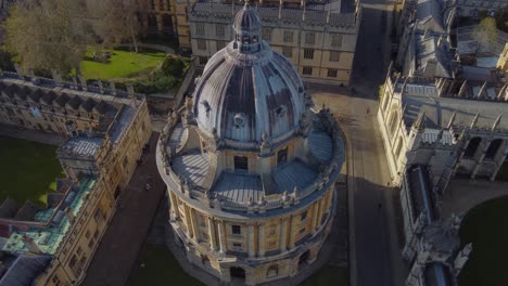 birdseye aerial view over the neo classical masterpiece at the university of oxford, the radcliffe camera