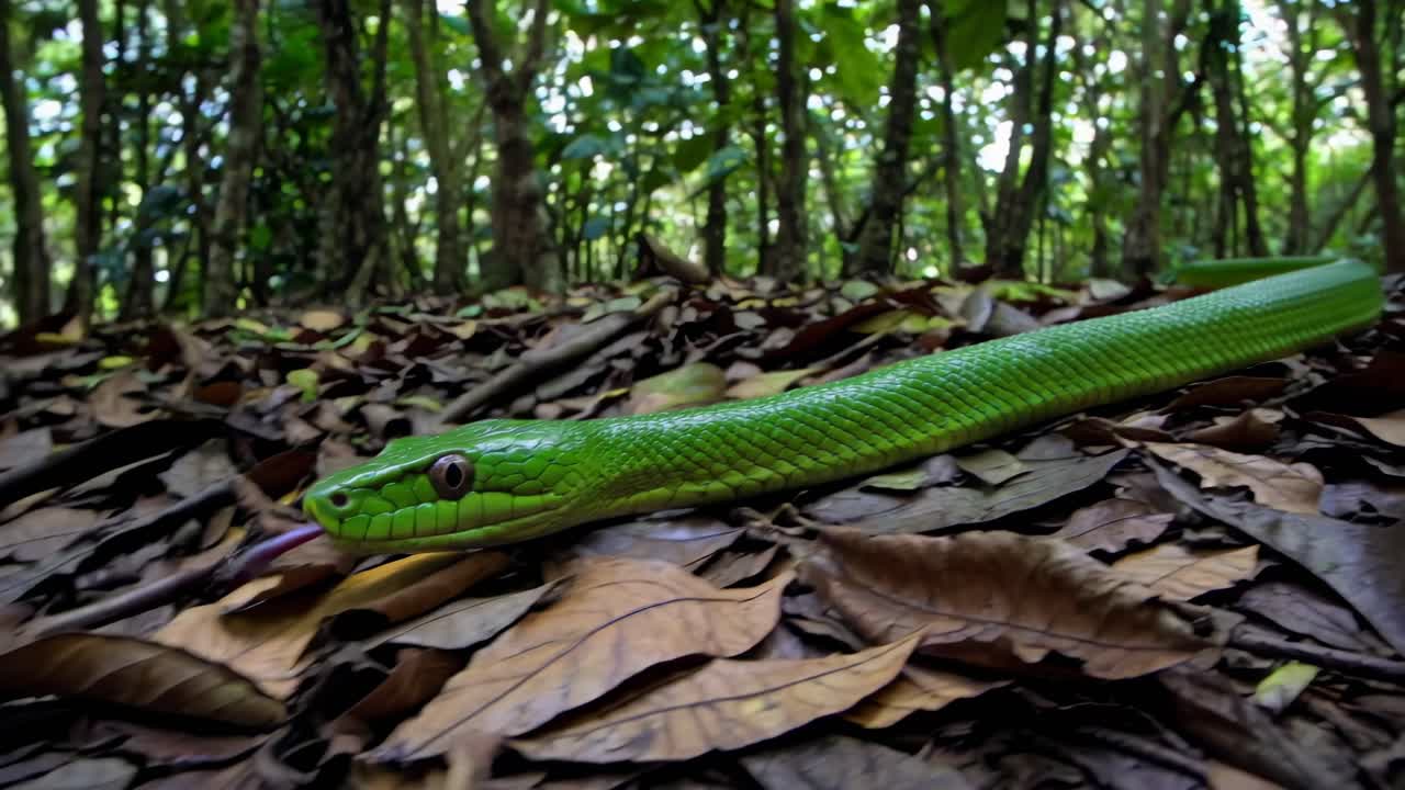 Low-angle video still of a vibrant green snake slithering through fallen leaves in a dense forest