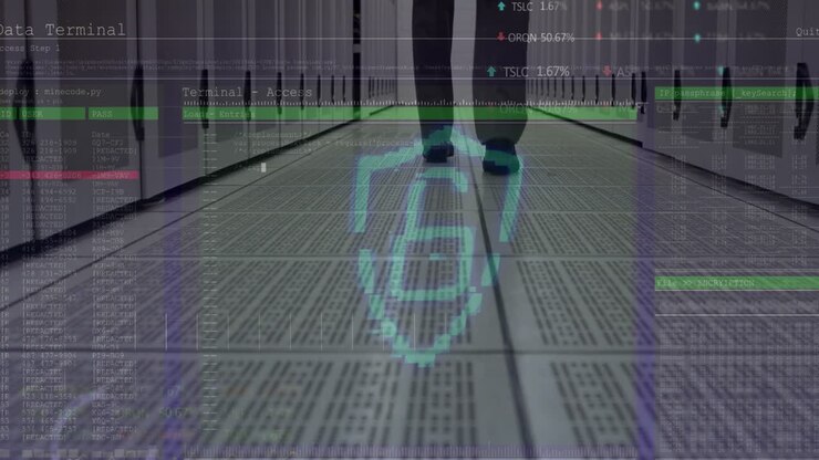 Security padlock icon and data processing over low section of engineer walking in server room