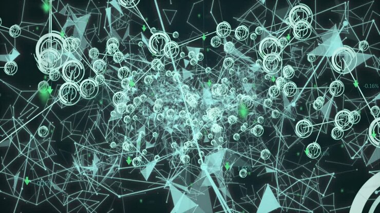 Animation of icons, shapes and connections on black background