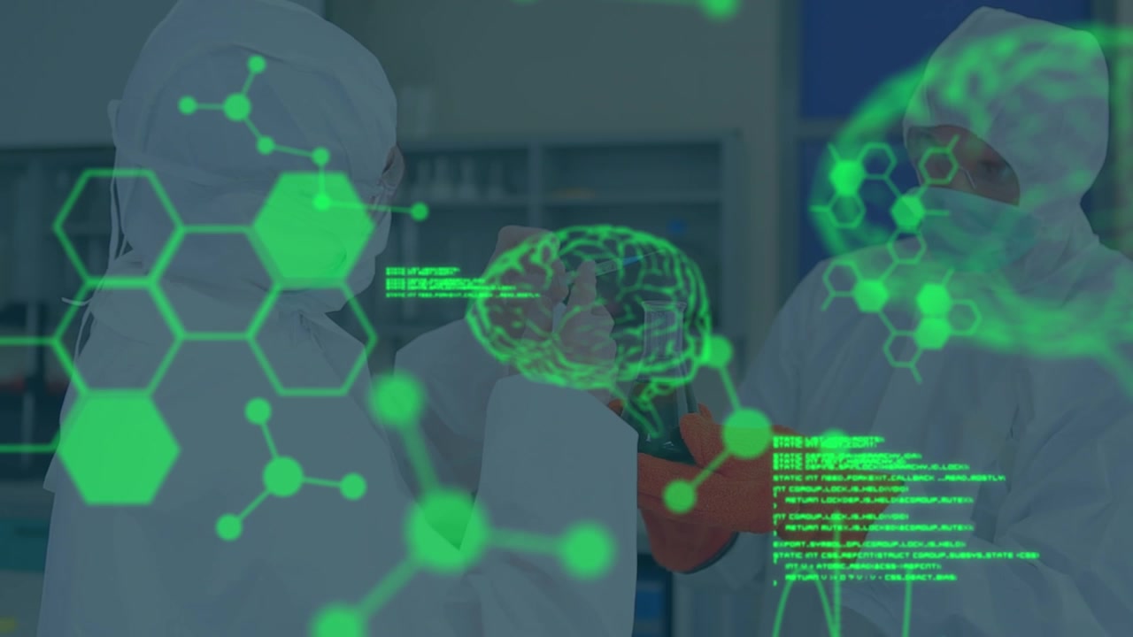 Animation of digital brain, molecules and data processing over diverse scientists in lab