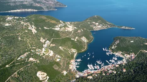 Aerial-of-Sivota-Town-Bay-Sailing-Destination-in-Lefkada-Island,-Greece