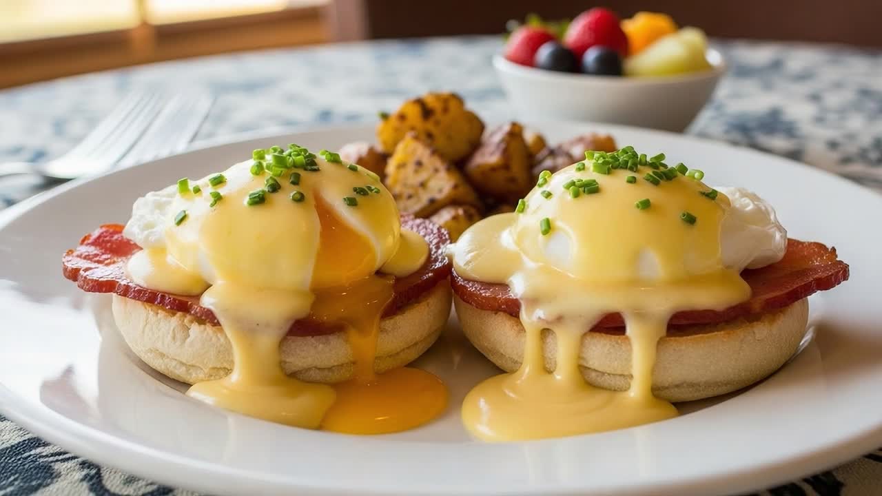 Delicious Breakfast Platter Featuring Poached Eggs on English Muffins with Savory Bacon, Creamy Hollandaise Sauce, and a Side of Fresh Fruit Medley