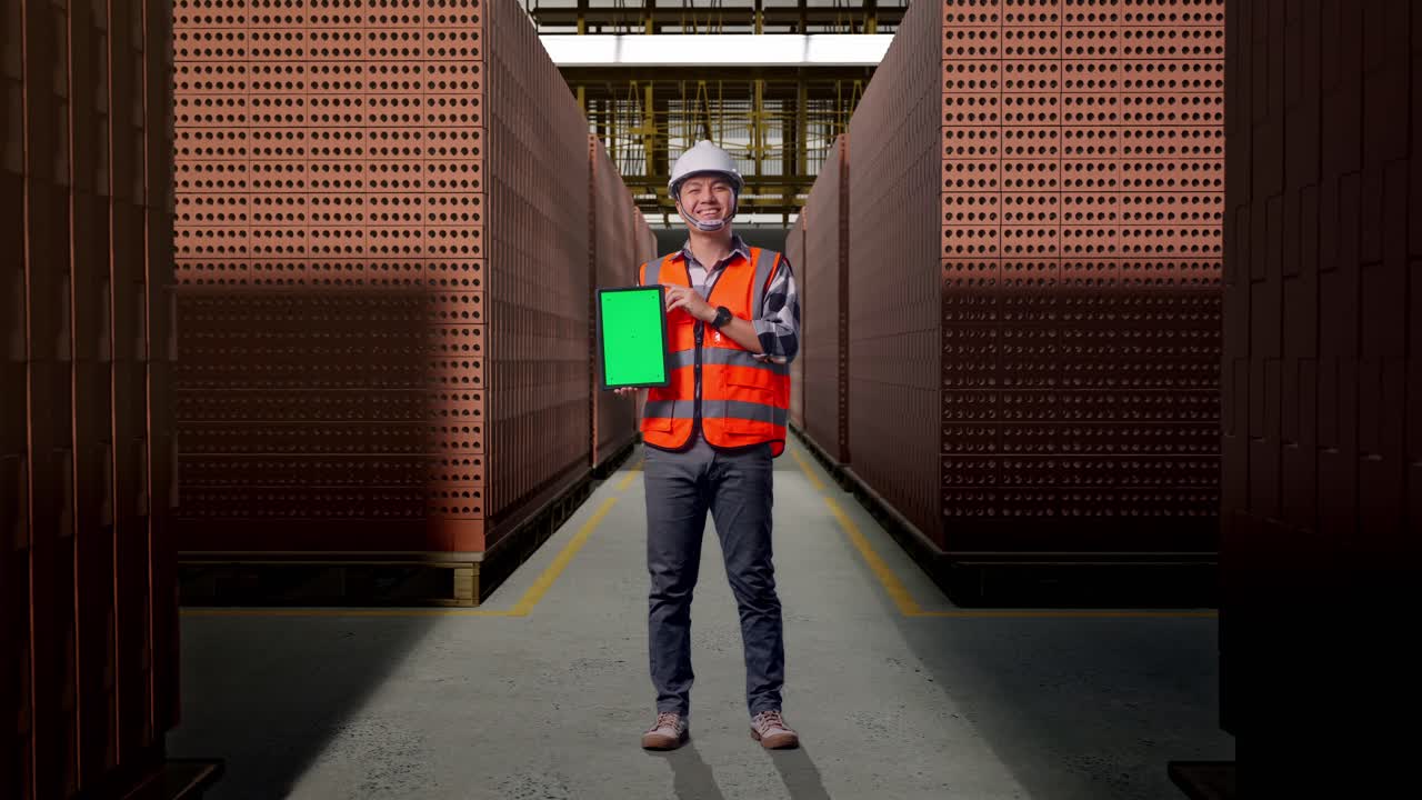 Full Body Of Asian Male Engineer With Safety Helmet Smiling And Showing Green Screen Tablet To The Camera While Standing With Red Brick Packed in Stacks Are Stored