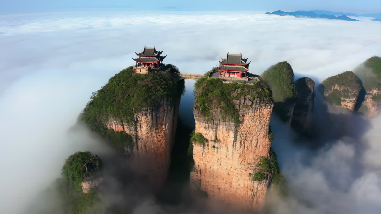 Ancient Chinese Temples Perched on Cloud-Kissed Mountain Pillars