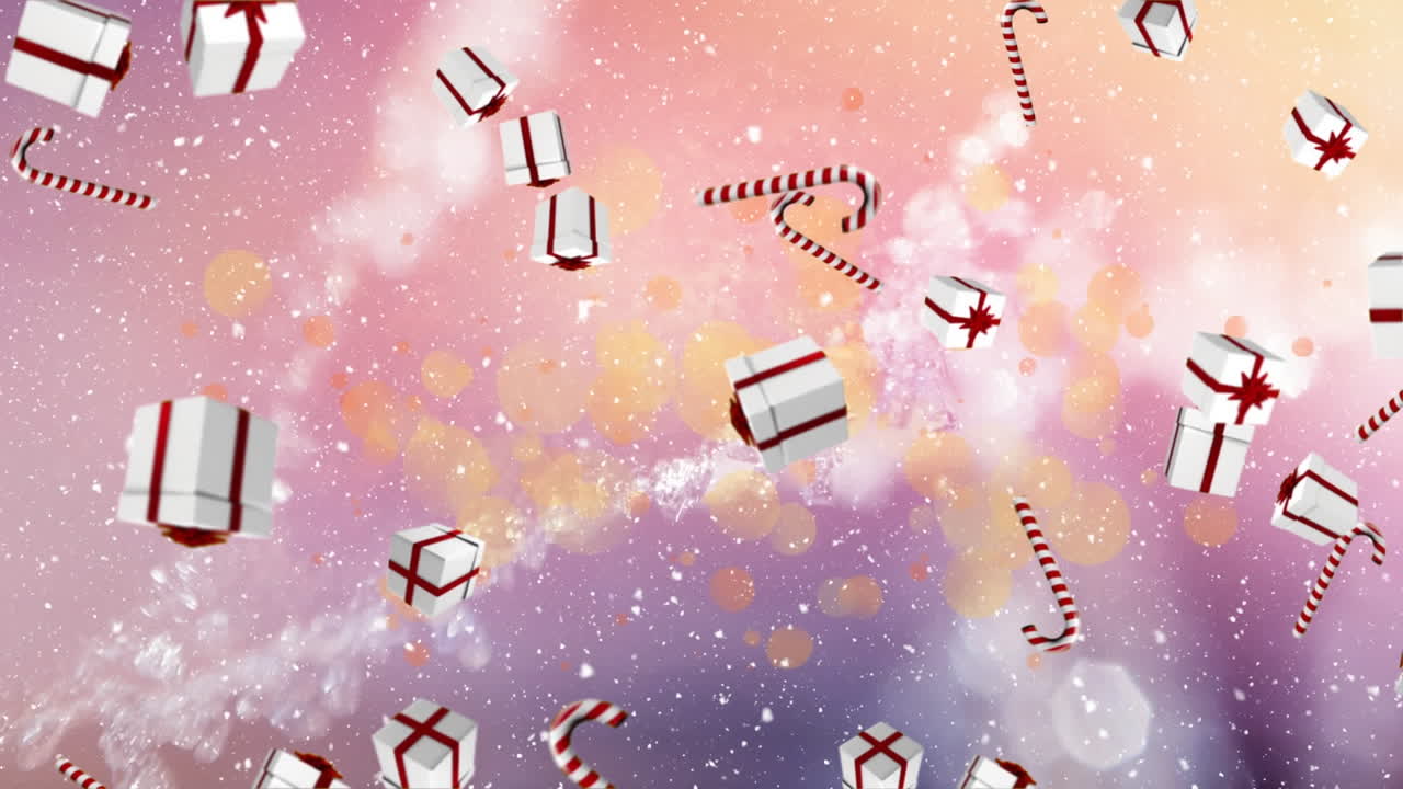 보라색 배경에 사탕 지이와 함께 눈이 떨어지는 애니메이션