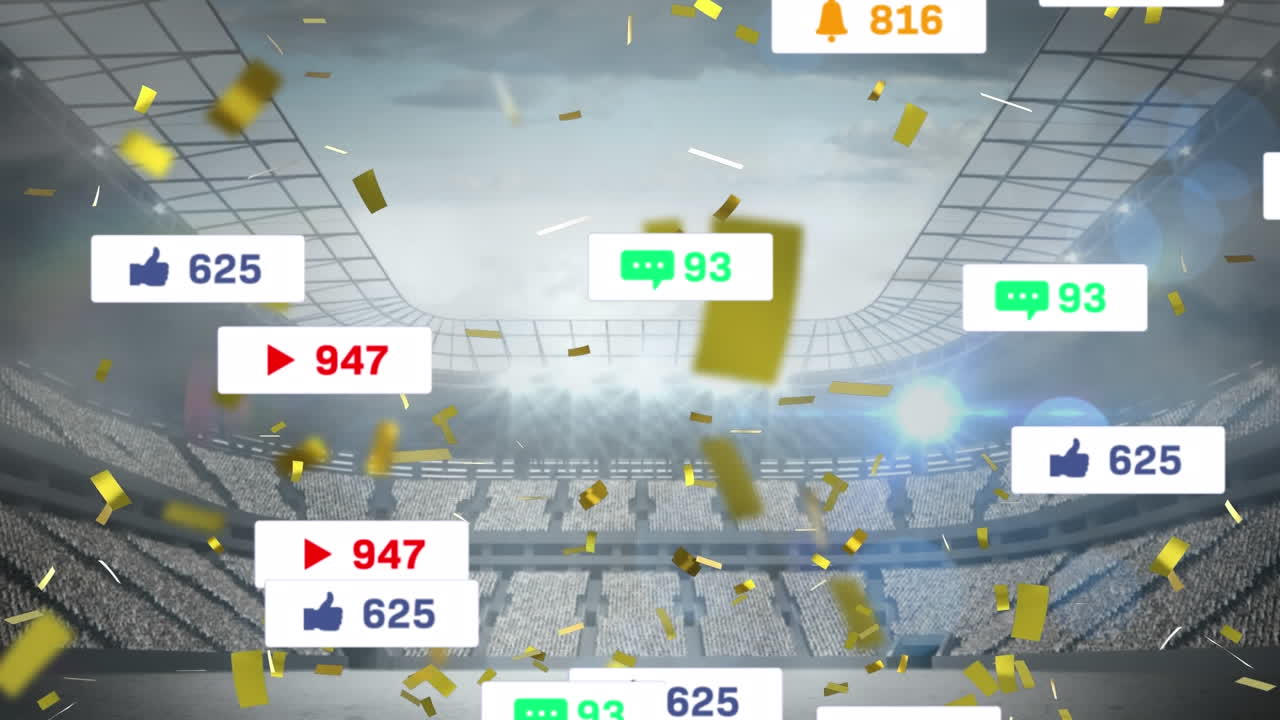 스포츠 경기장에 떨어지는 여러 미디어 아이콘과 황금 콘페티의 애니메이션