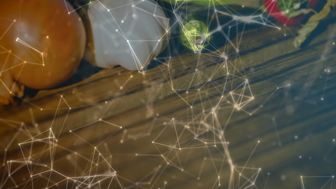 Animated illustration showing three gourds in close up on wooden tabletop, with network overlay