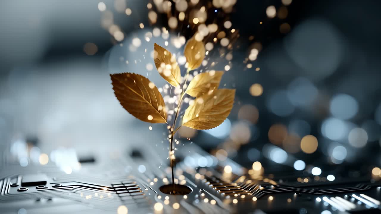 Growing technology with natures touch. A plant emerges from a circuit board, symbolizing the fusion of technology and nature in a creative design.